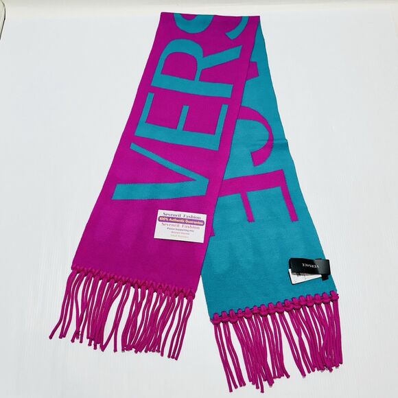 NWT Versace Reversible Teal Pink Fringed Wool Jacquard Logo Scarf 72"x12" $825 - Picture 5 of 13
